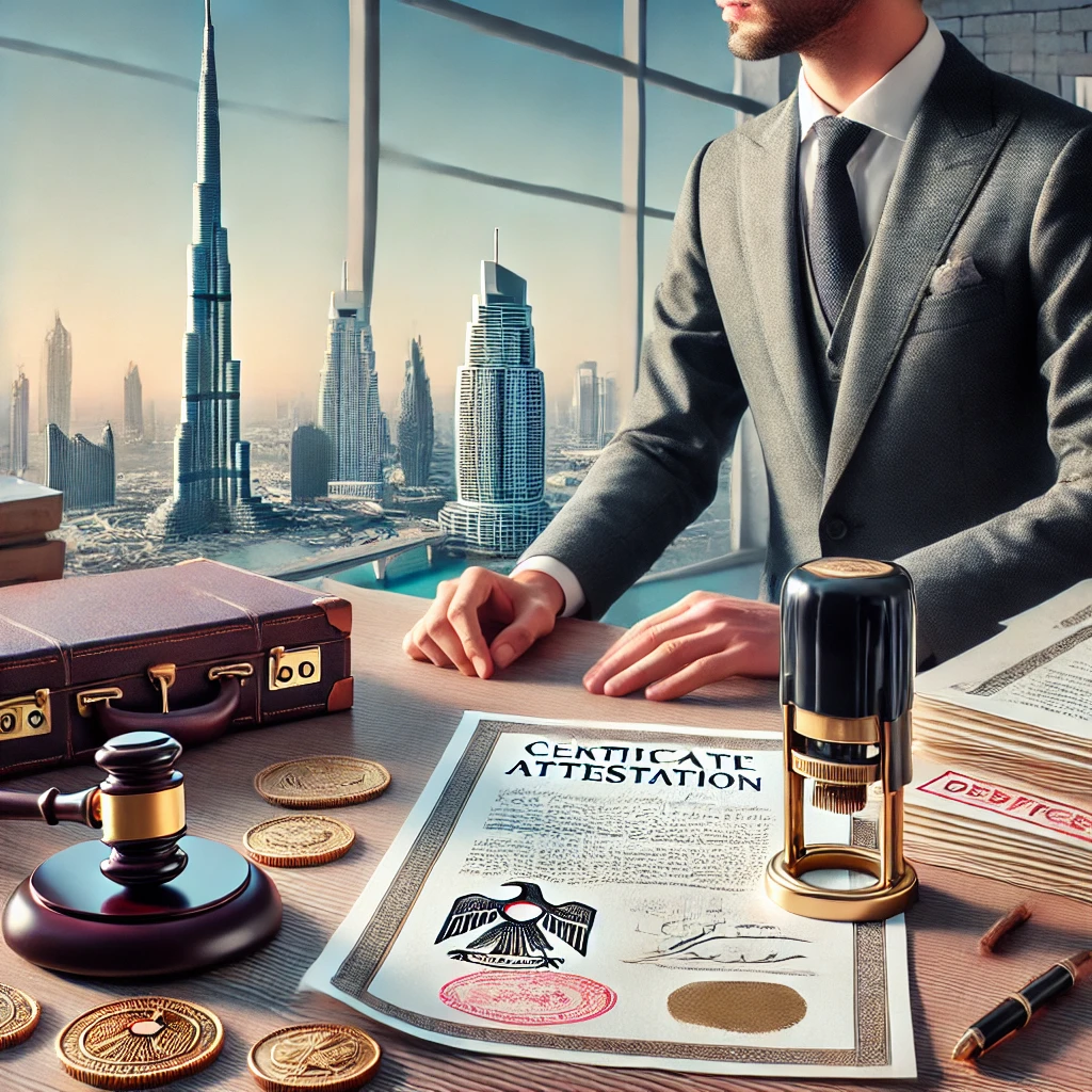 Professional office setting showcasing the certificate attestation process for UAE, with documents, a stamp, and a clear view of Dubai's skyline, including the Burj Khalifa.