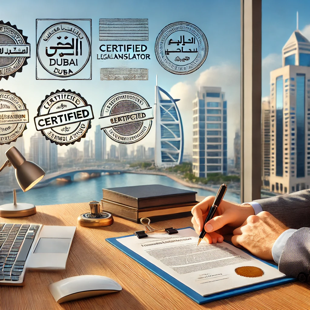 Professional office setting in Deira, Dubai with a certified legal translator reviewing documents, featuring certification stamps and Dubai Creek cityscape in the background.