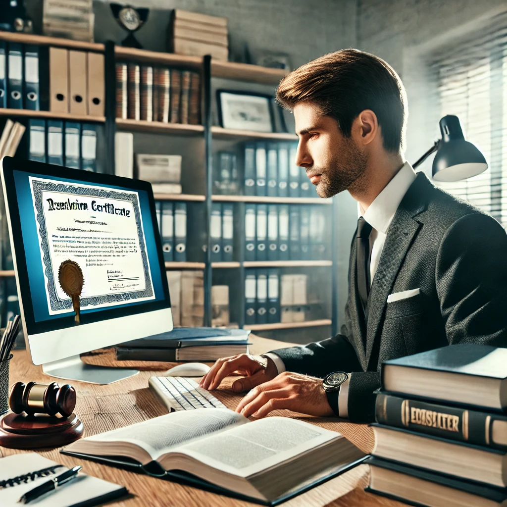 A professional office scene with a translator working on translating a degree certificate, surrounded by open books, a computer screen displaying a document, and official stationery, with a bookshelf and certification plaque in the background.degree certificate translation