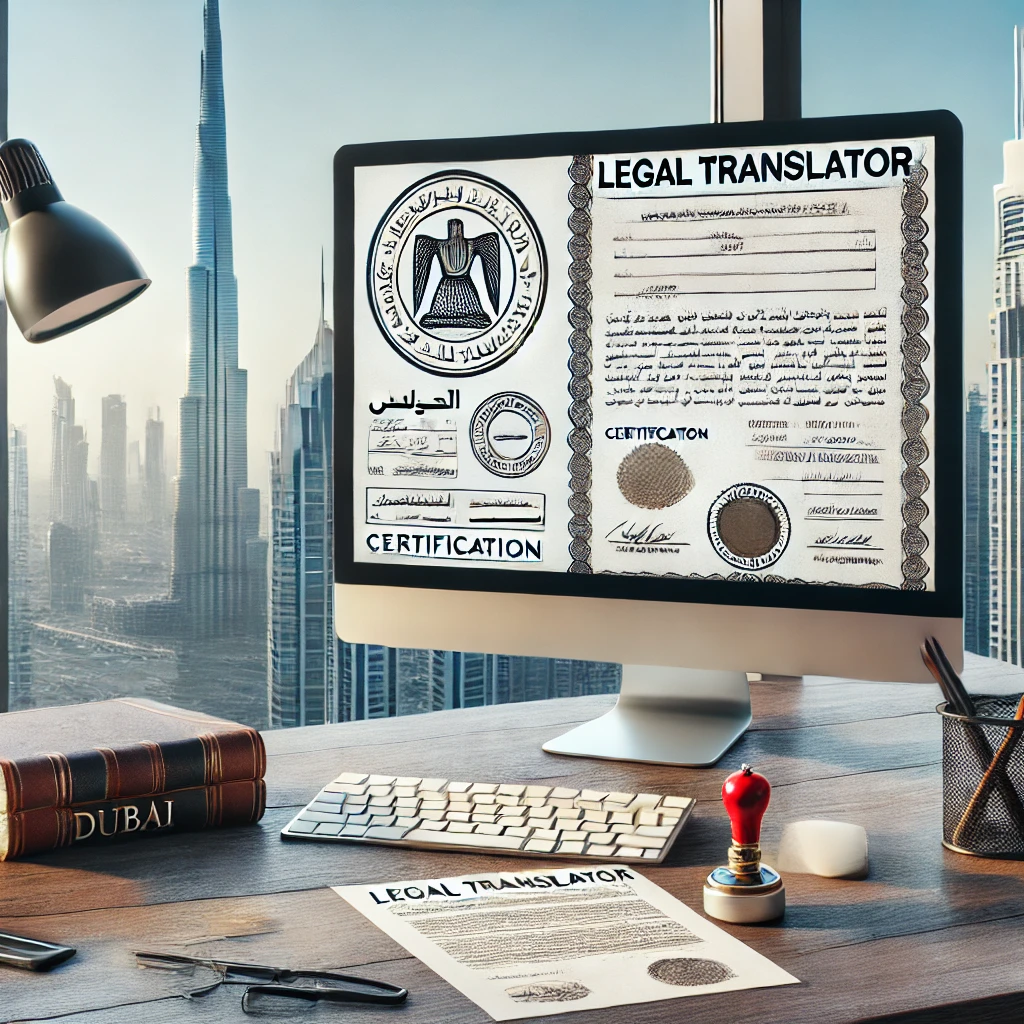 Professional office in Dubai featuring a legal translator working on official documents, with certification stamps and a view of the city skyline, including the Burj Khalifa.