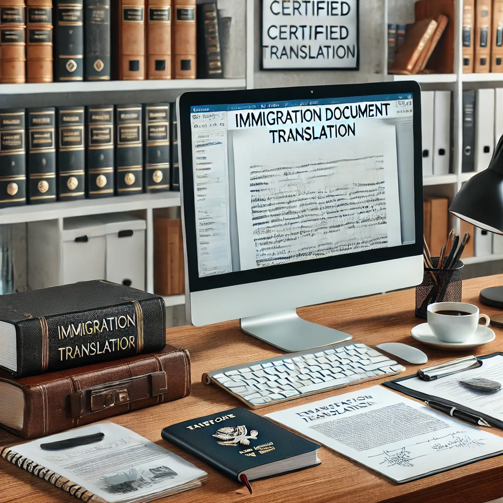 A professional office scene showcasing a translator working on immigration document translation, with a computer displaying a translated document, surrounded by official papers, notepads, and a coffee cup. Shelves with legal and language books are in the background, highlighting the expertise required for certified translations in a well-organized, modern workspace.