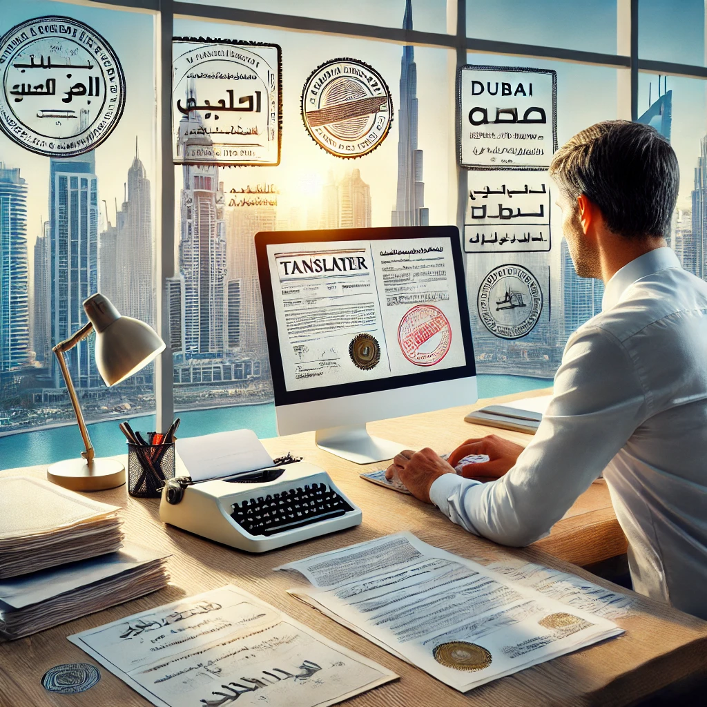Professional office in Dubai with a translator working on documents, certification stamps, and a view of the city skyline, including the Burj Khalifa