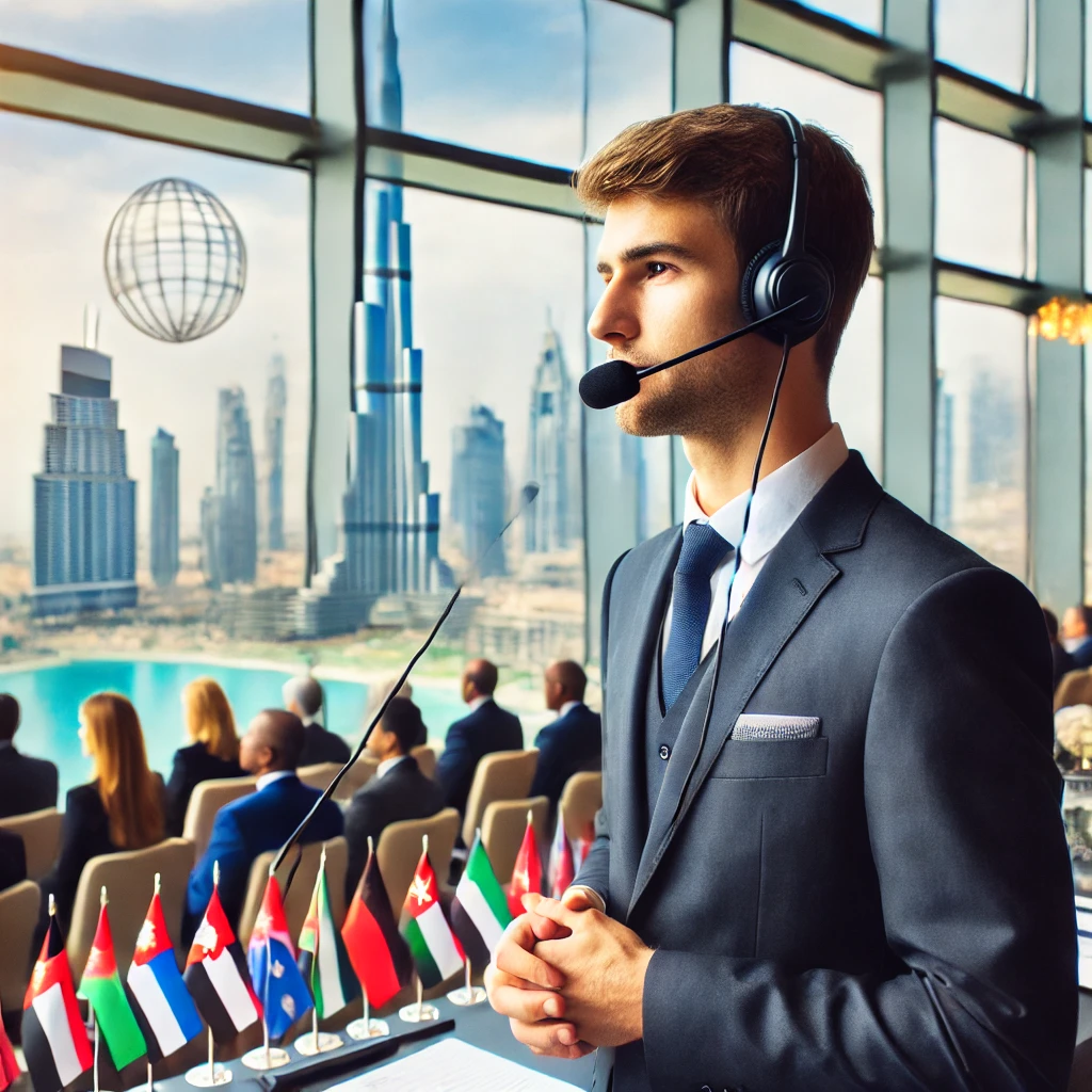 Interpreter wearing a headset and speaking at a professional conference in Dubai, with attendees, international flags, and Dubai's skyline visible through large windows.