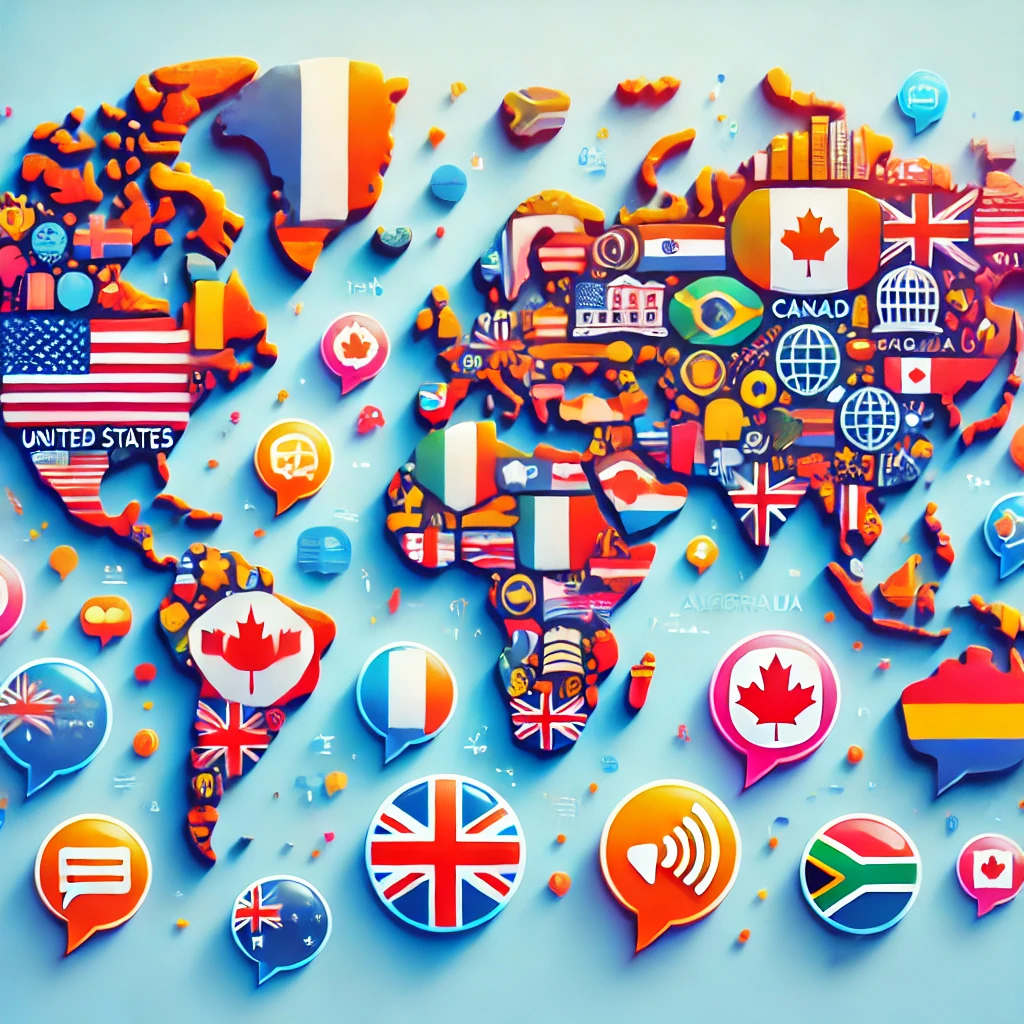 A world map highlighting the top English-speaking countries, including the United States, United Kingdom, Canada, Australia, and South Africa, with cultural and linguistic icons.