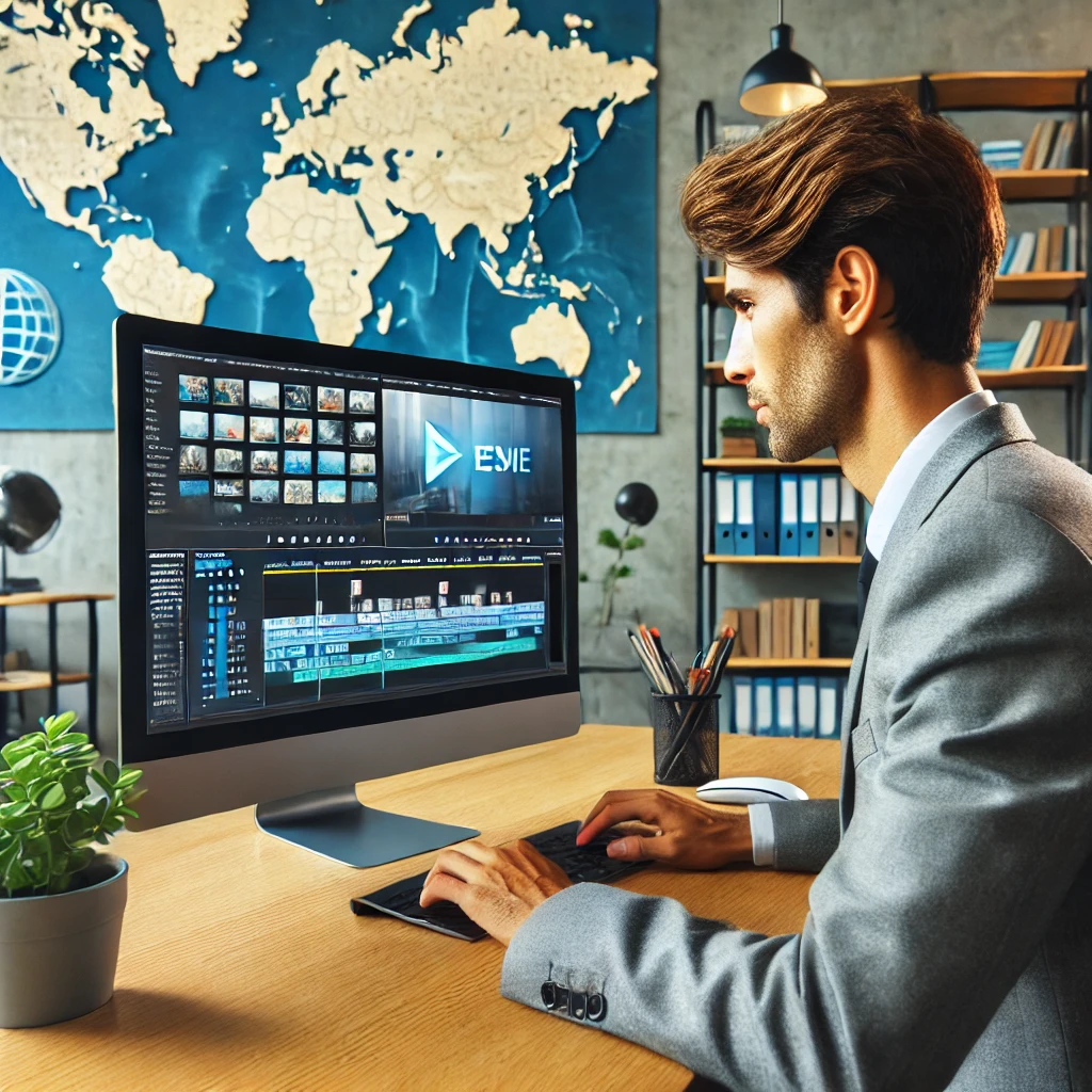 A professional office scene showing a video translation expert working on a project, with a computer displaying video editing software with multilingual subtitles, books on language and translation on shelves, and a world map on the wall symbolizing global reach.