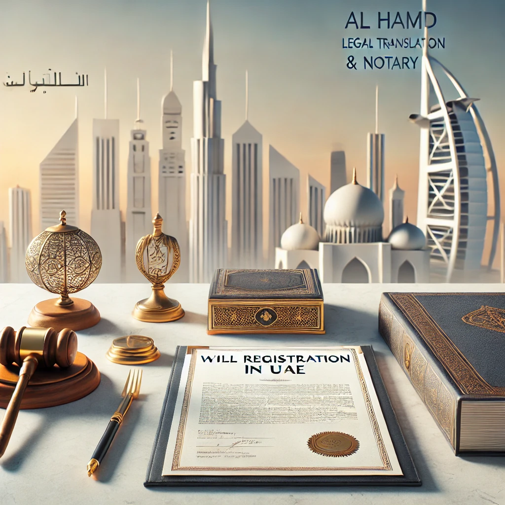 Professional desk setup with legal documents, notary seal, and gavel, representing will registration in the UAE for Al Hamd Legal Translation and Private Notary, with the Burj Khalifa subtly in the background.