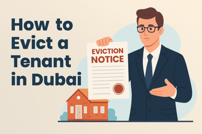Illustration showing the legal tenant eviction process in Dubai, featuring steps for serving eviction notice, RERA regulations, and Dubai Rental Dispute Center procedures—ideal for landlords seeking legal eviction solutions in UAE