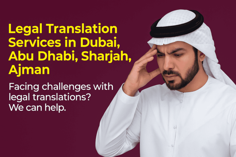 A promotional graphic by Al-Hamd Legal Translation L.L.C. showcasing certified legal translation services in Dubai, Abu Dhabi, Sharjah, and Ajman for contracts, government documents, and business use. Trusted professional translators in UAE