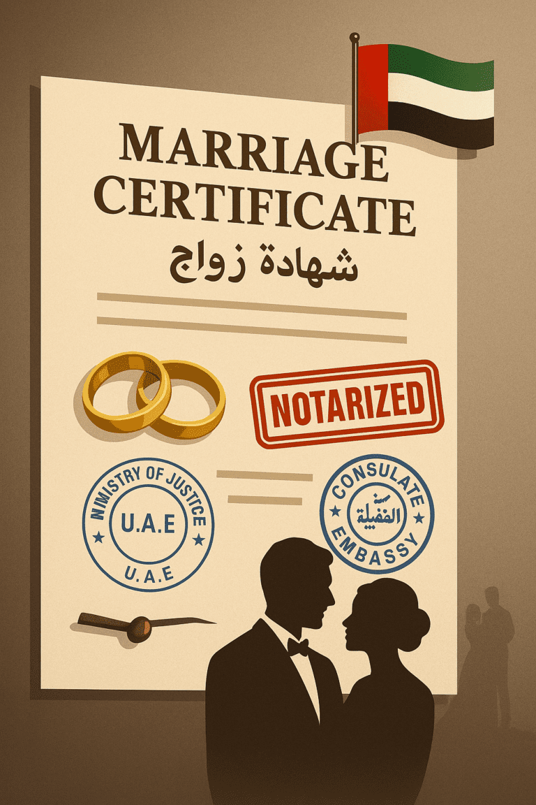 A legally certified marriage certificate illustration for attestation in the UAE, essential for expats, families, and married professionals requiring document legalization for visa, immigration, or official use