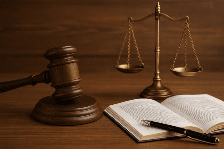 A symbolic image representing legal translation services in Dubai, featuring a wooden gavel, golden justice scales, and an open legal document — emphasizing the accuracy and authority required in certified and sworn legal translations.