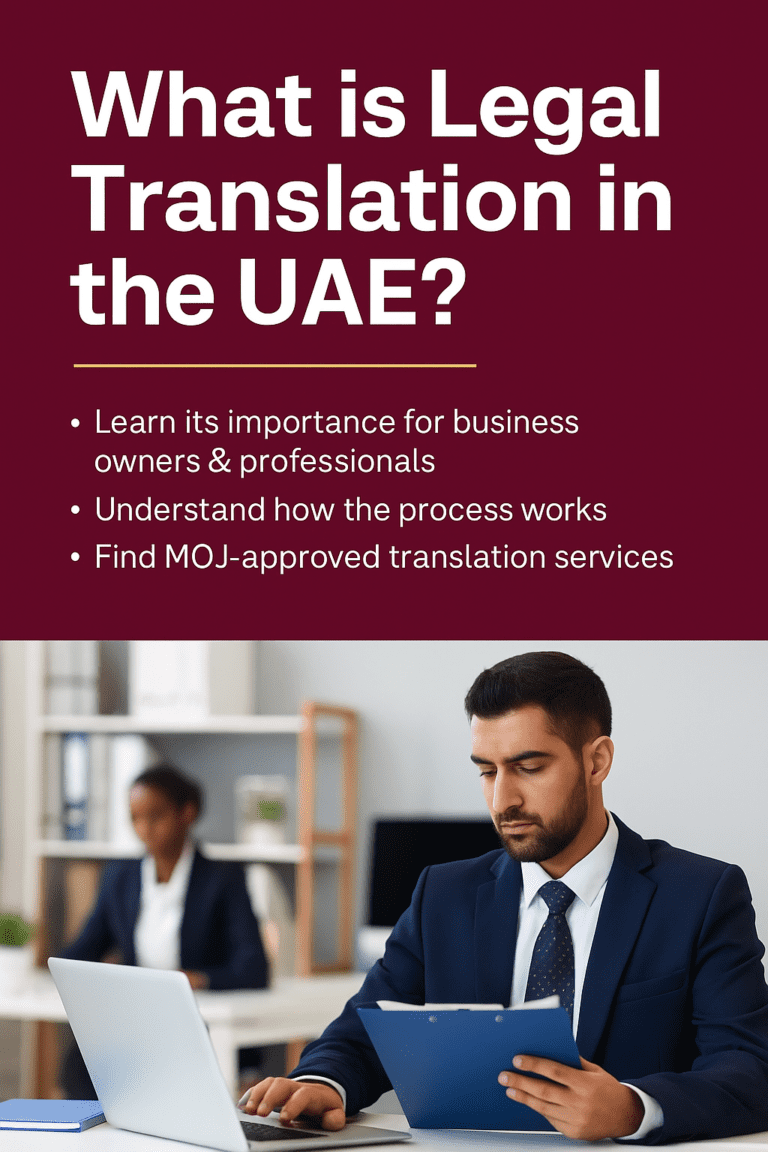 Informational graphic explaining what legal translation means in the UAE, highlighting certified translation services for business owners, professionals, and expatriates setting up companies with legal compliance