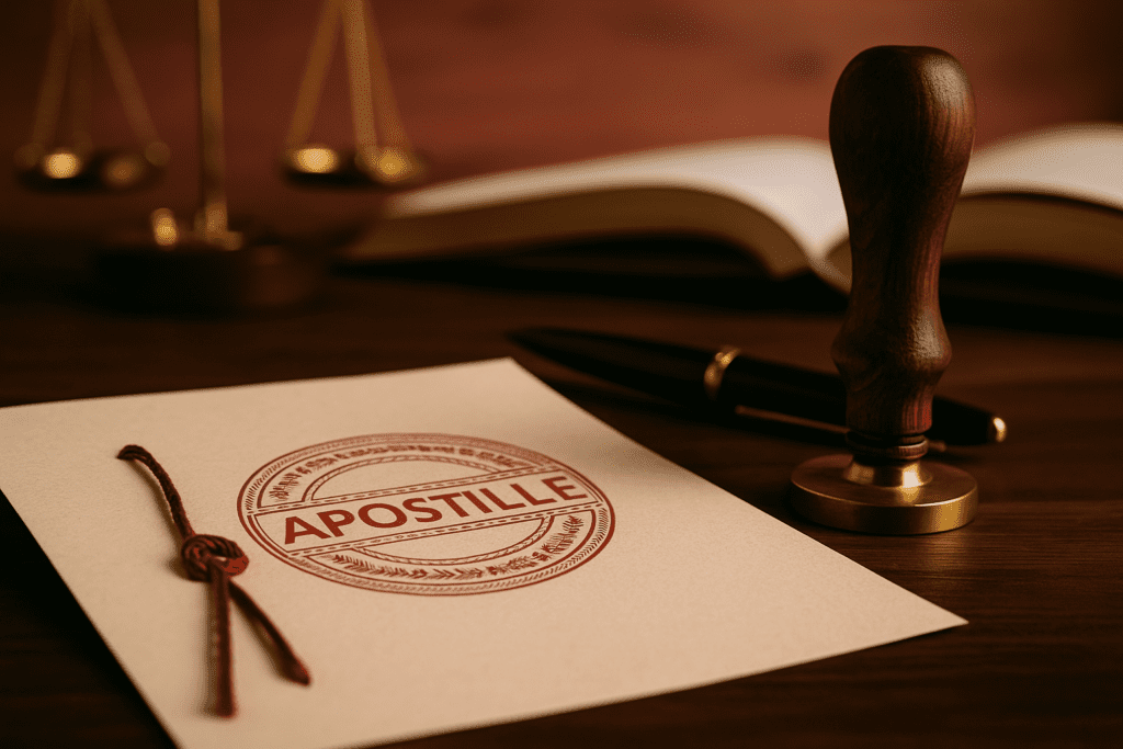 A close-up image of a legal document being stamped, symbolizing official notary and apostille services in the UAE, representing Al-Hamd’s certified legal translation and document authentication solutions.