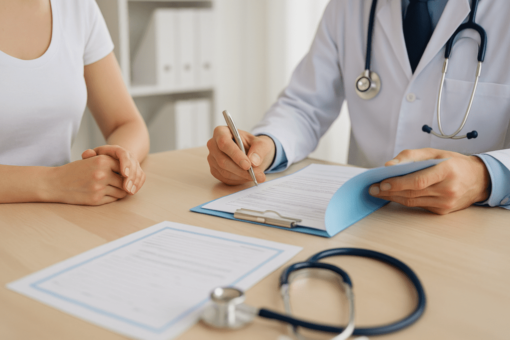 A high-resolution image showing a doctor and an expat patient in a healthcare consultation, representing certified medical translation services for expats in the UAE, provided by Al-Hamd Legal Translation.
