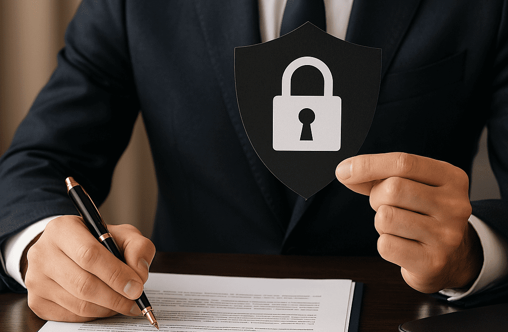 A professional man reviewing sensitive business legal documents in a secure office setting, representing confidentiality in legal translation services in the UAE for corporate clients—ideal for those seeking secure document handling, legal accuracy, and data privacy solutions from Al-Hamd Legal Translation.
