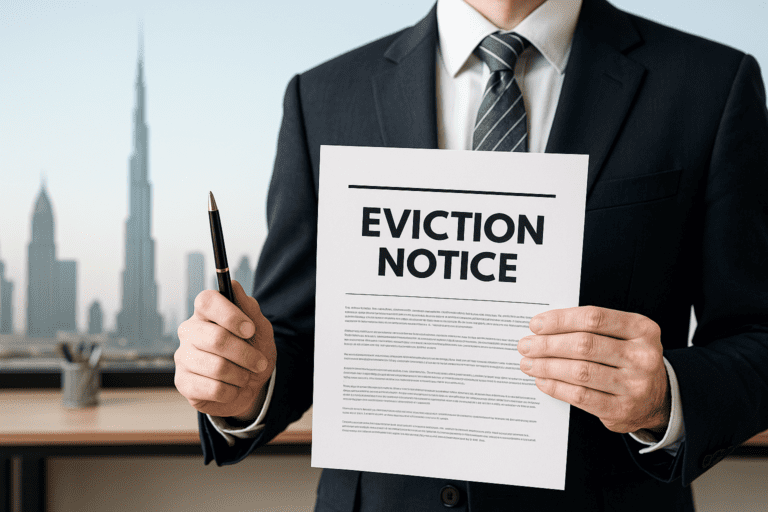 Eviction notice in Dubai image showing a landlord initiating legal tenant eviction process as per UAE property and rental laws—ideal for blogs on real estate regulations, landlord rights, and tenant eviction rules in Dubai