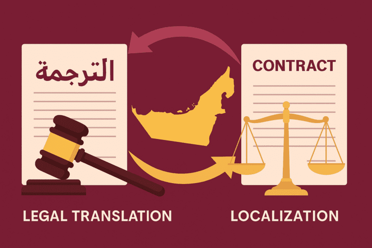 A conceptual digital illustration comparing legal translation and localization services in the UAE, symbolizing accuracy, cultural adaptation, and Al-Hamd Legal Translation's expertise