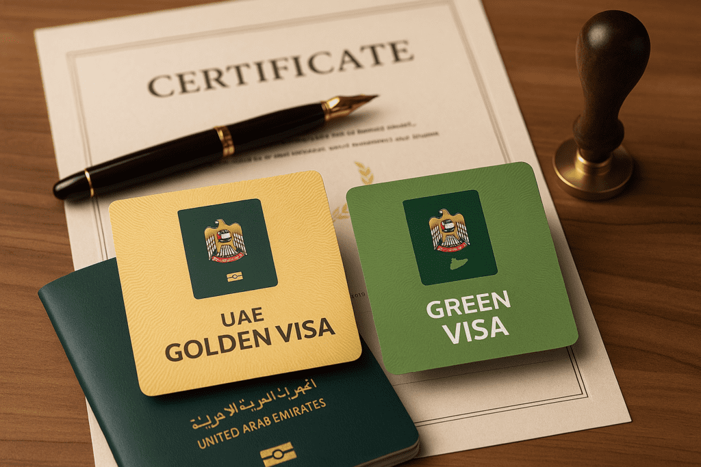 A high-quality image representing the UAE Green Visa and Golden Visa process, featuring legal translation services by Al-Hamd in Dubai. Ideal for expats, professionals, and visa applicants seeking certified document translation for UAE residency programs. Optimized for keywords like “UAE visa legal translation,” “Green Visa documentation UAE,” and “Al-Hamd certified translation Dubai.