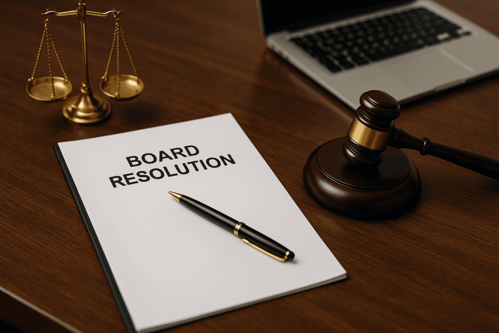 Professional board resolution document with gavel and justice scale, symbolizing certified legal translation services in Dubai UAE for corporate directors and decision-making.