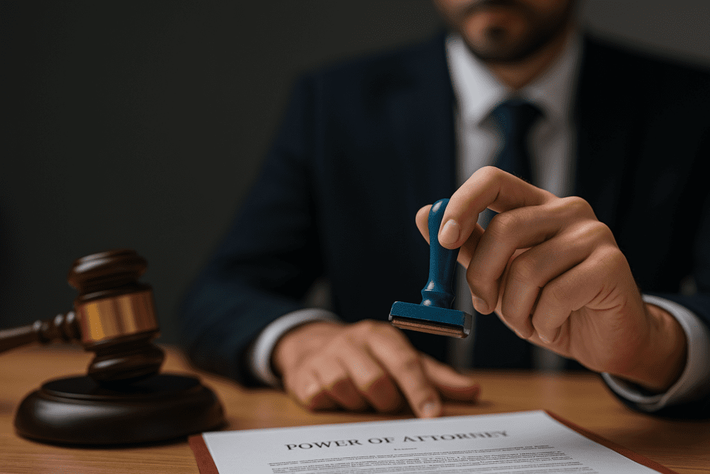 A legal-themed image depicting a professional workspace with legal documents and a judge’s gavel, symbolizing the cancellation of a Power of Attorney in Dubai. Ideal for legal service providers, notary firms, and users searching for trusted POA cancellation services by Al-Hamd Legal Translation in the UAE.