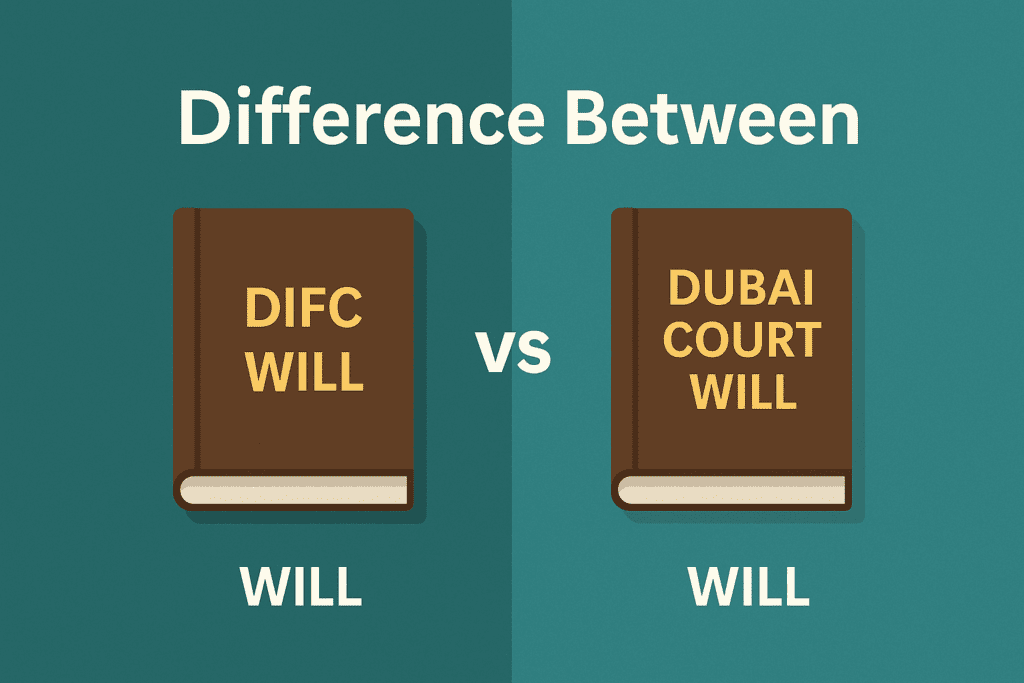 A professional illustration comparing DIFC Will and Dubai Court Will, highlighting legal differences for expats and residents in the UAE; ideal for audiences searching for will registration, inheritance law in Dubai, and expat estate planning solutions.