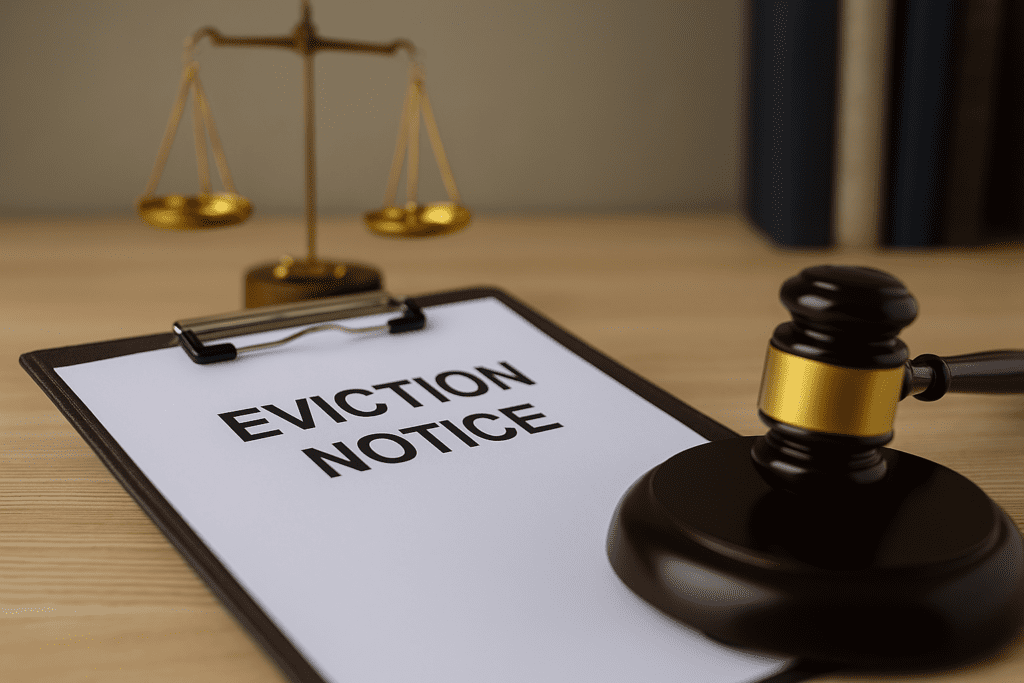 Eviction notice on a door representing Dubai rental eviction laws and legal translation services, targeting tenants, landlords, and business owners needing certified eviction documentation in the UAE.
