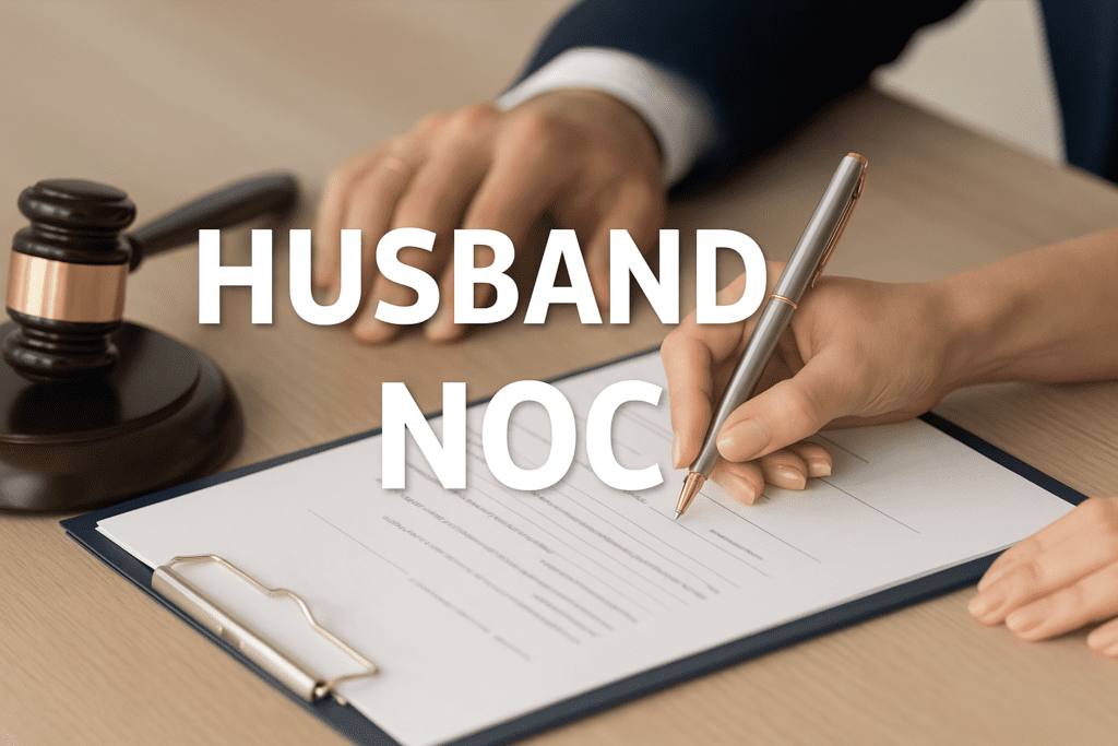 Woman signing official document with husband's consent, symbolizing certified legal translation of husband NOC in the UAE by Al-Hamd for visa, job, or sponsorship purposes.