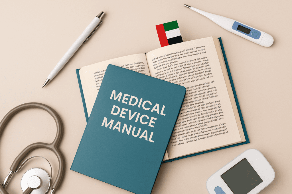 A high-resolution image representing medical device manual translation for Gulf market compliance in 2025, illustrating localization, regulatory standards, and multilingual document handling for healthcare and legal accuracy.