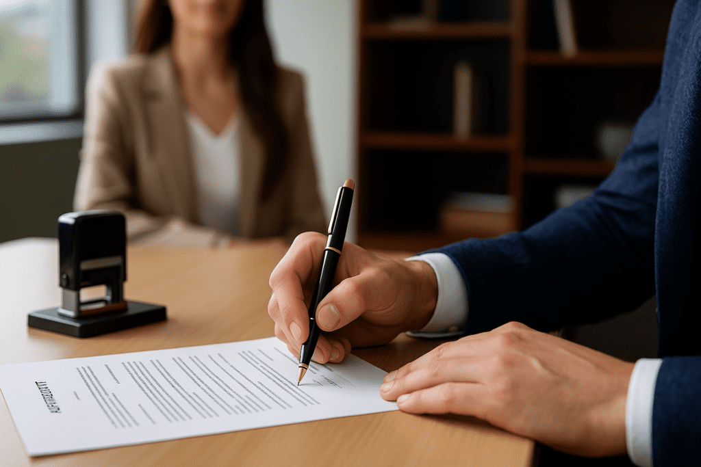 A close-up image of a professional drafting a Memorandum of Amendment document, symbolizing UAE company formation and notary services. This photo highlights legal paperwork, business setup procedures, and the notarization process in Dubai and the UAE, as offered by Al-Hamd Legal Translation.