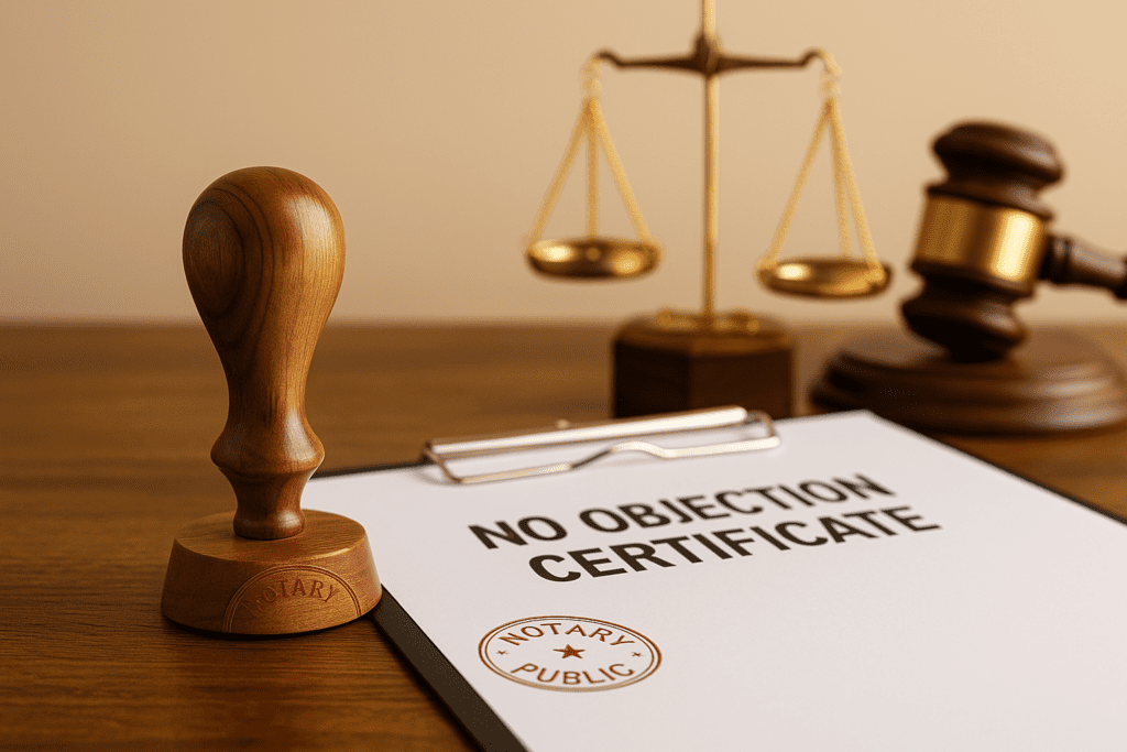 A professional notary service scene in the UAE representing the legal attestation and issuance of No Objection Certificates, provided by Al-Hamd Legal Translation — trusted for accurate notarization and document verification services across Dubai and the UAE.
