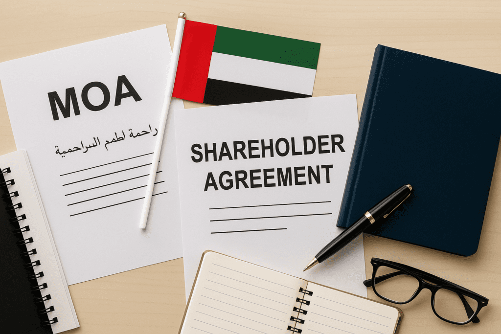 Documents for UAE company formation including Memorandum of Association (MOA) and Shareholder Agreement with UAE flag on desk — legal translation services for business setup