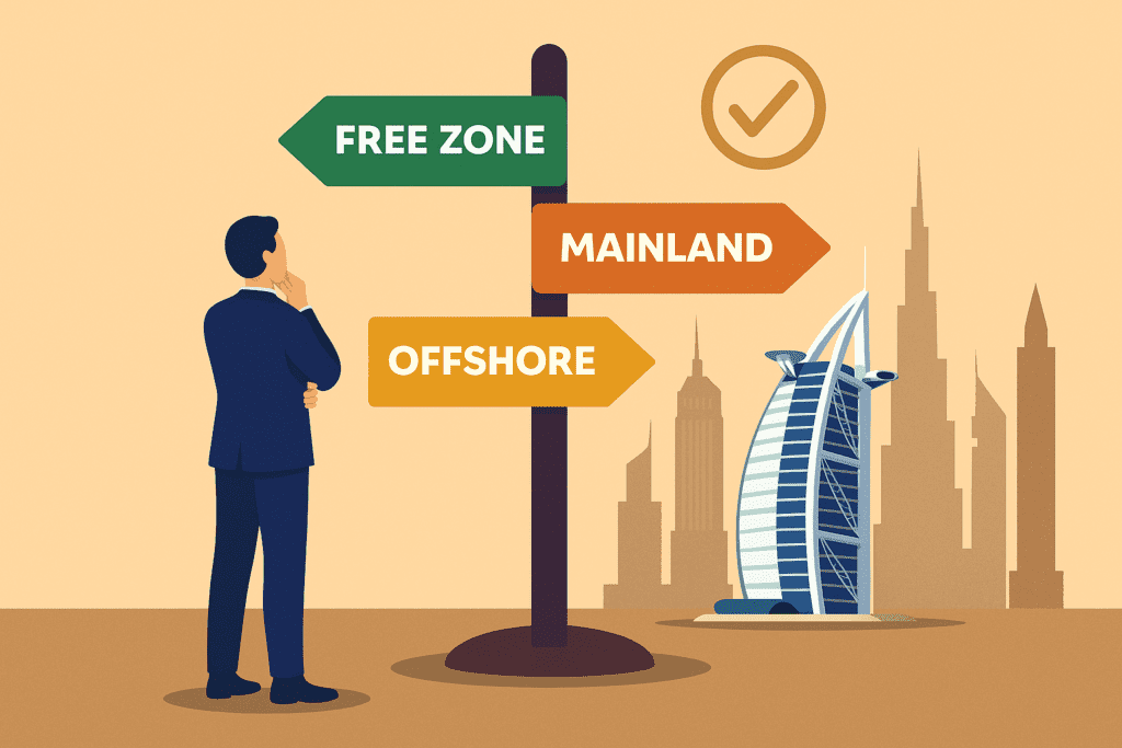 Illustration of business professionals analyzing Free Zone, Mainland, and Offshore setup options in the UAE. Ideal for entrepreneurs seeking UAE company formation guidance. Keywords: UAE business setup, Free Zone vs Mainland, Offshore company UAE, Al-Hamd Legal Translation.