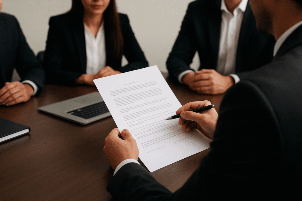 Business professionals discussing board resolution and document legalization for company setup in TECOM Dubai, legal translation and attestation services by Al-Hamd Legal Translation.