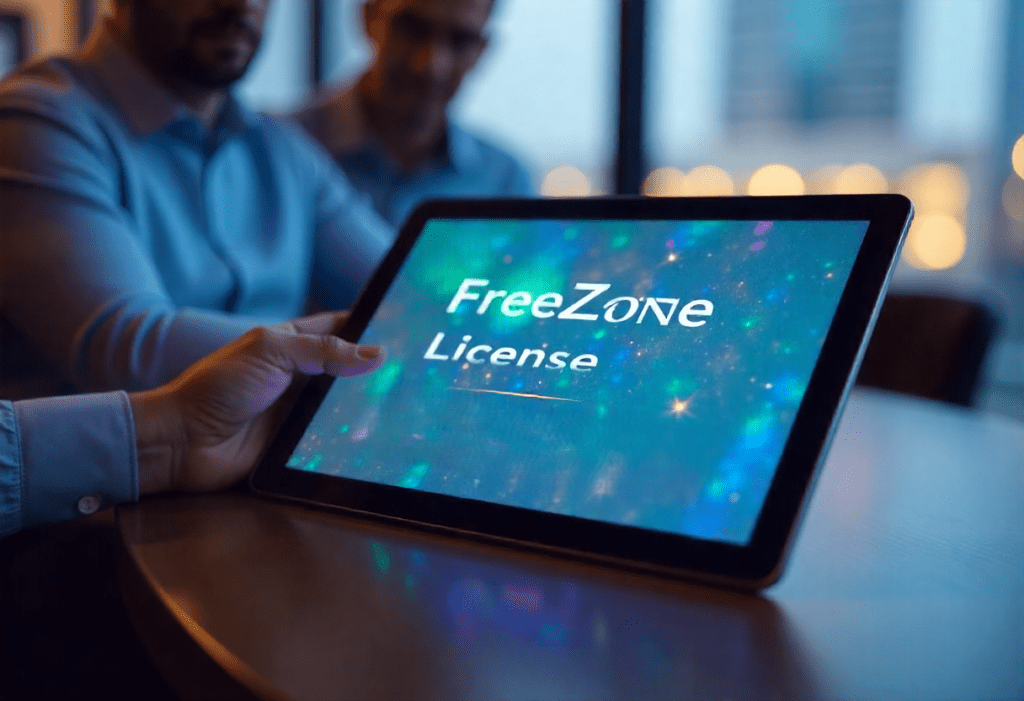 Business professionals reviewing Dubai Freezone license on digital tablet – ideal for company formation, business setup, and Al-Hamd legal translation services in UAE.