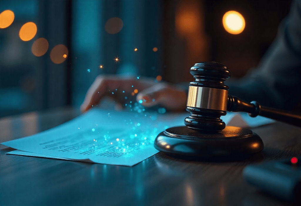 Close-up of legal documents and judge gavel symbolizing professional legal translation, online notary services, and document attestation in UAE for business and personal needs