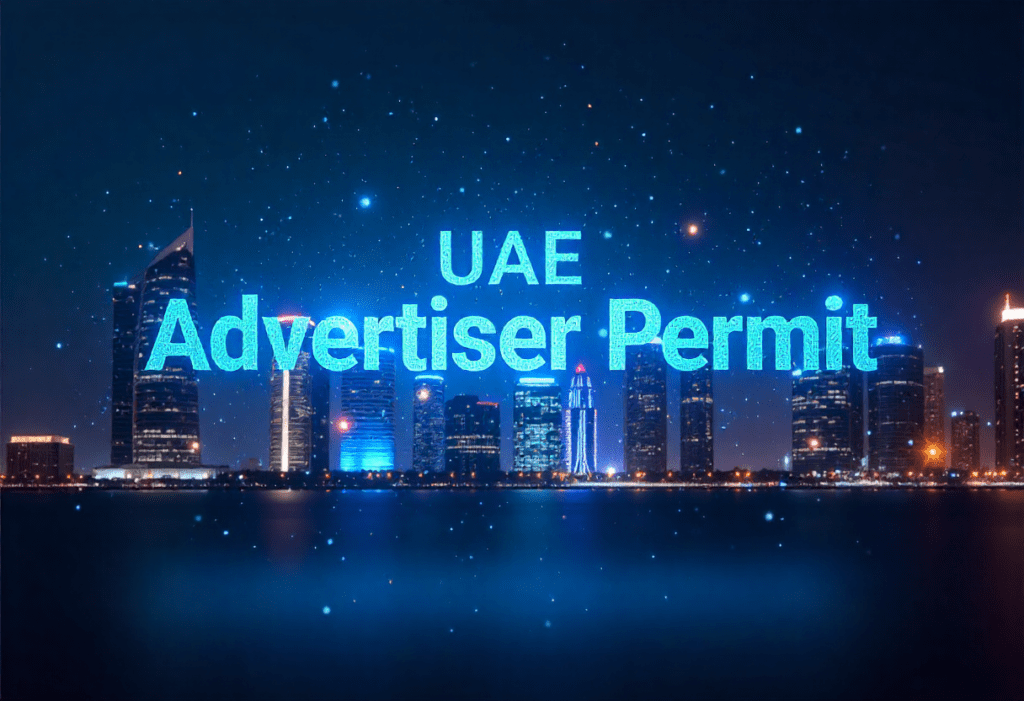 Digital holographic text display showing "UAE Advertiser Permit" over Dubai skyline at night, symbolizing social media influencer license, content creation permits, and advertising regulations in the UAE.