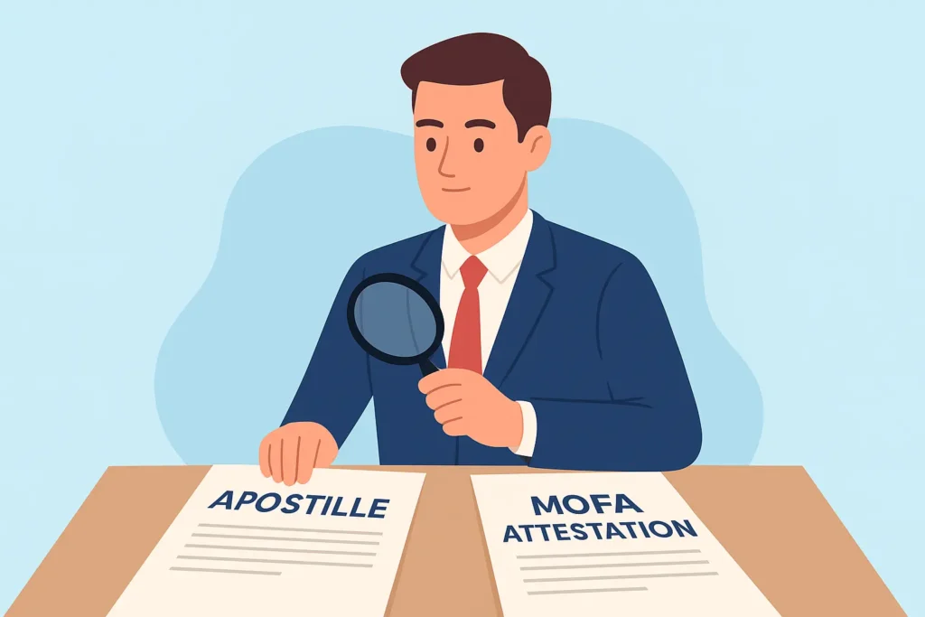 Apostille vs MOFA attestation in UAE explained by Al-Hamd Legal Translation – certified attestation and legal translation services in Dubai and across UAE for documents, visas, business, and personal use.