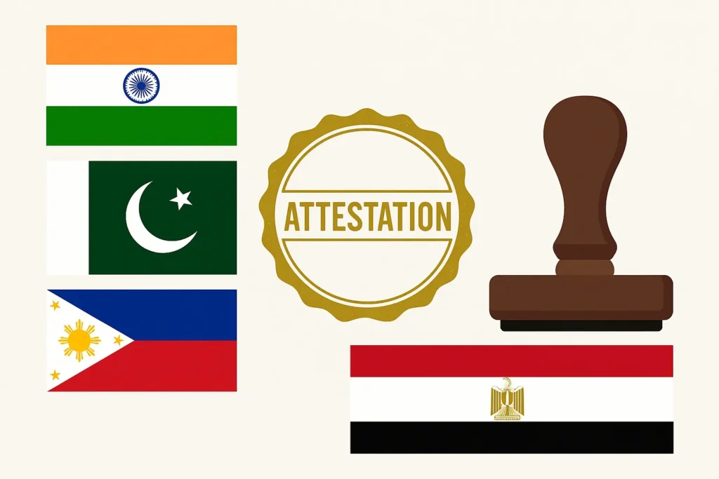Embassy attestation services in Dubai for India, Pakistan, Philippines, and Egypt documents including birth, marriage, education, and commercial certificates processed by Al-Hamd Legal Translation