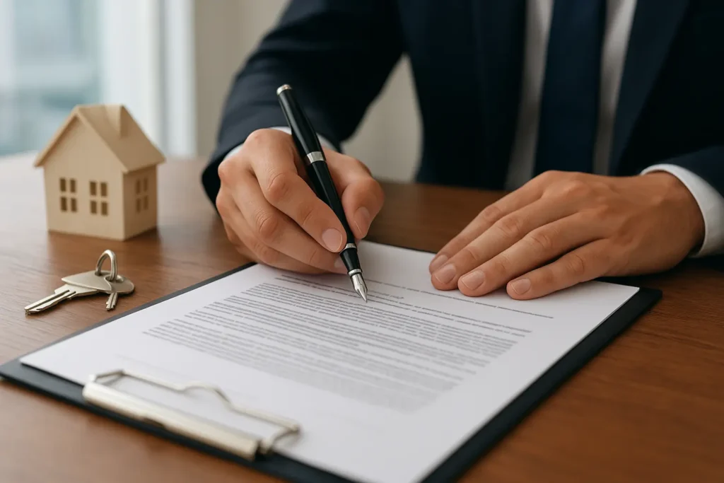 Professional legal translator reviewing Dubai real estate documents including tenancy contracts, property sales agreements, and power of attorney forms — expert legal translation services for real estate transactions in UAE by certified translators.