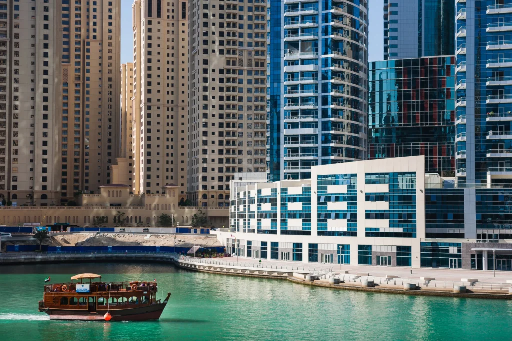 Modern office buildings near Dubai Marina showcasing the prime location for professional legal translation services in JLT by Al-Hamd Legal Translation, offering certified document and legal translation solutions in Dubai