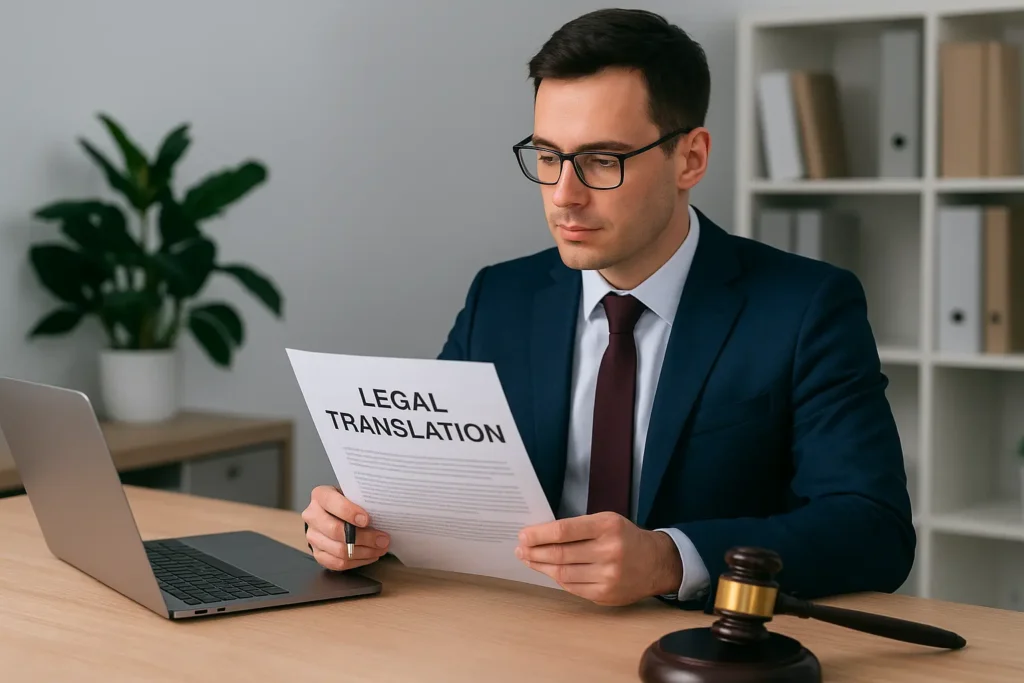 Professional legal translator reviewing certified legal translation documents at Al-Hamd Legal Translation LLC in Dubai — expert legal translation services ensuring accuracy, confidentiality, and MOFA approval across UAE