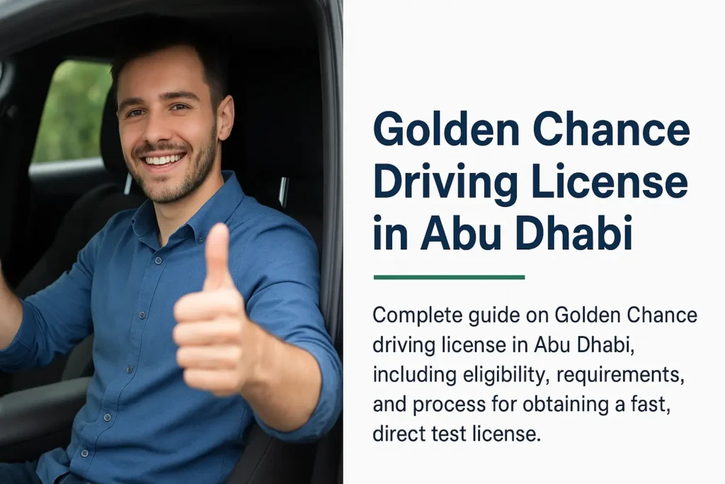 Golden Chance Driving License in Abu Dhabi process supported by Al-Hamd Legal Translation, showing UAE driving test assistance and document translation services