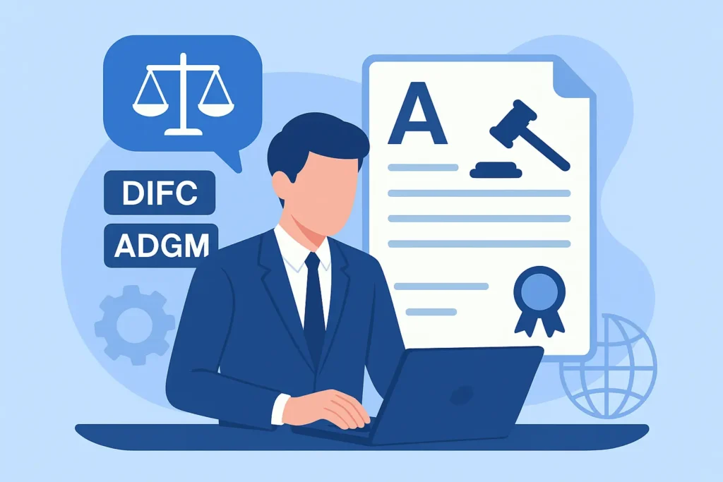 Professional legal translation for DIFC and ADGM free zone documents, showcasing certified translators and compliant documentation by Al-Hamd Legal Translation Dubai
