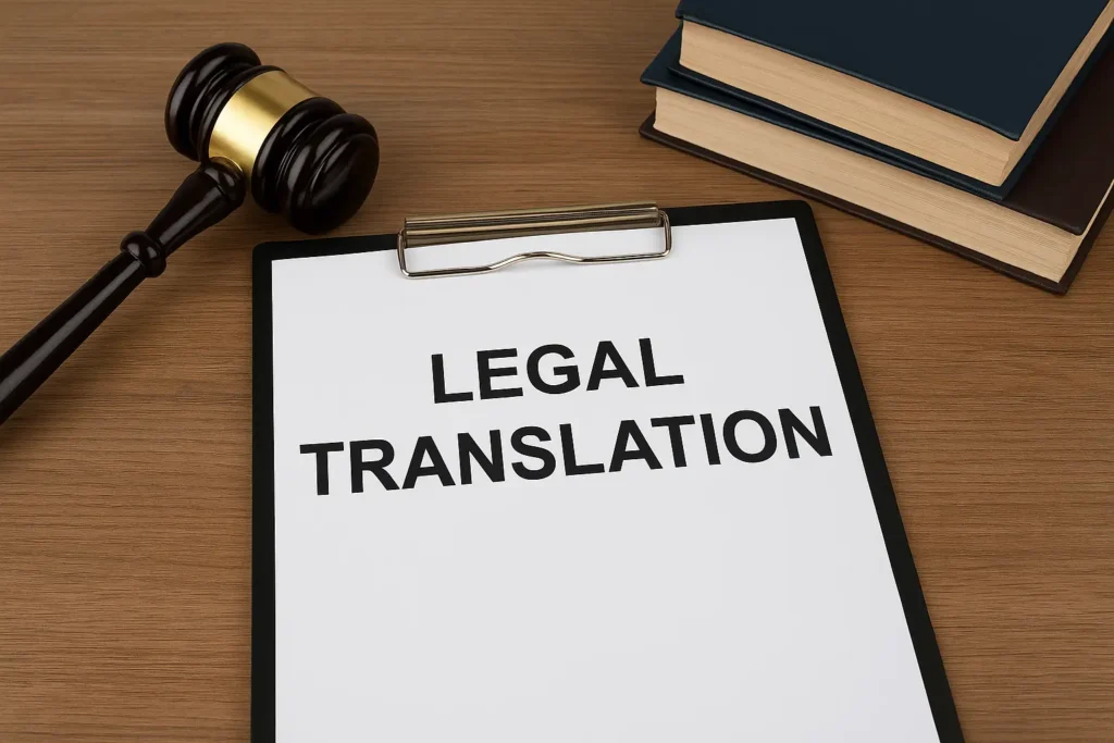 A professional setup showing legal translation services in Dubai with a judge’s gavel, legal documents, and law books — representing certified translators and expert legal translation solutions in the UAE