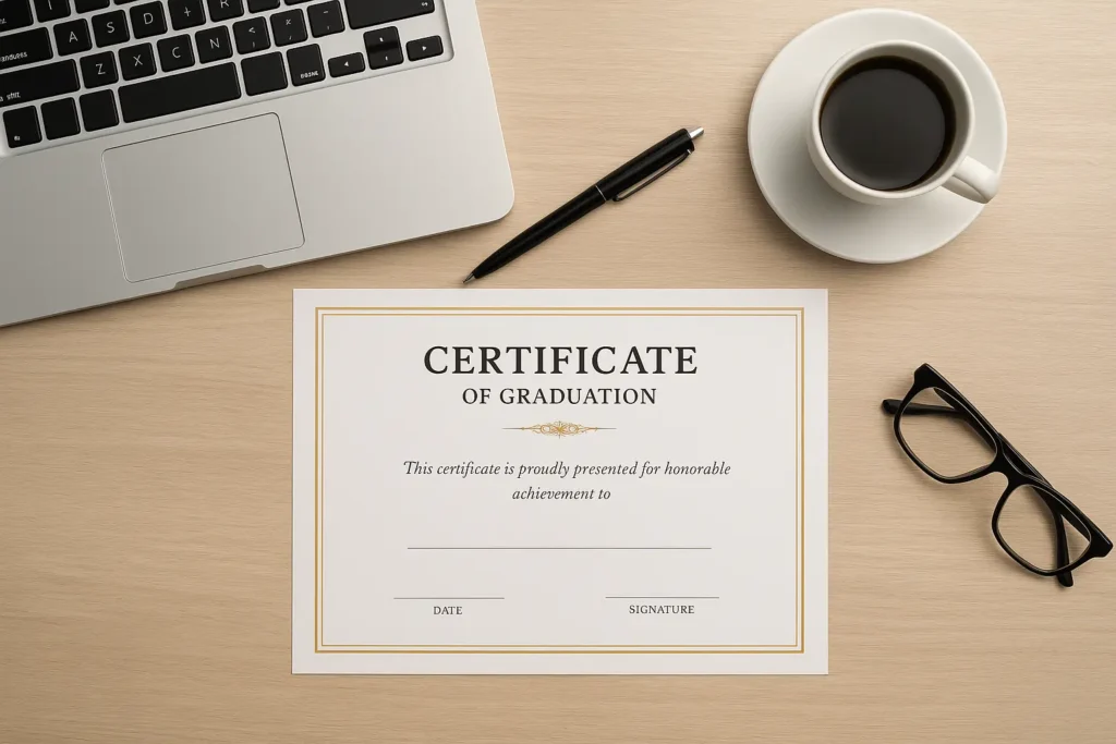 Philippines educational certificate displayed on a professional workspace, representing MOFA attestation and certified translation services in the UAE by Alhamd Legal Translation — ideal for Filipinos needing official verification and UAE document processing