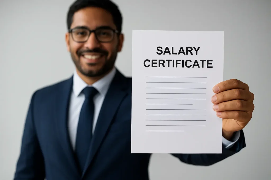 Professional man holding a salary certificate document for official translation in Dubai, representing Al-Hamd Legal Translation services for certified salary certificate translation for banks, immigration, visa, and government use in the UAE