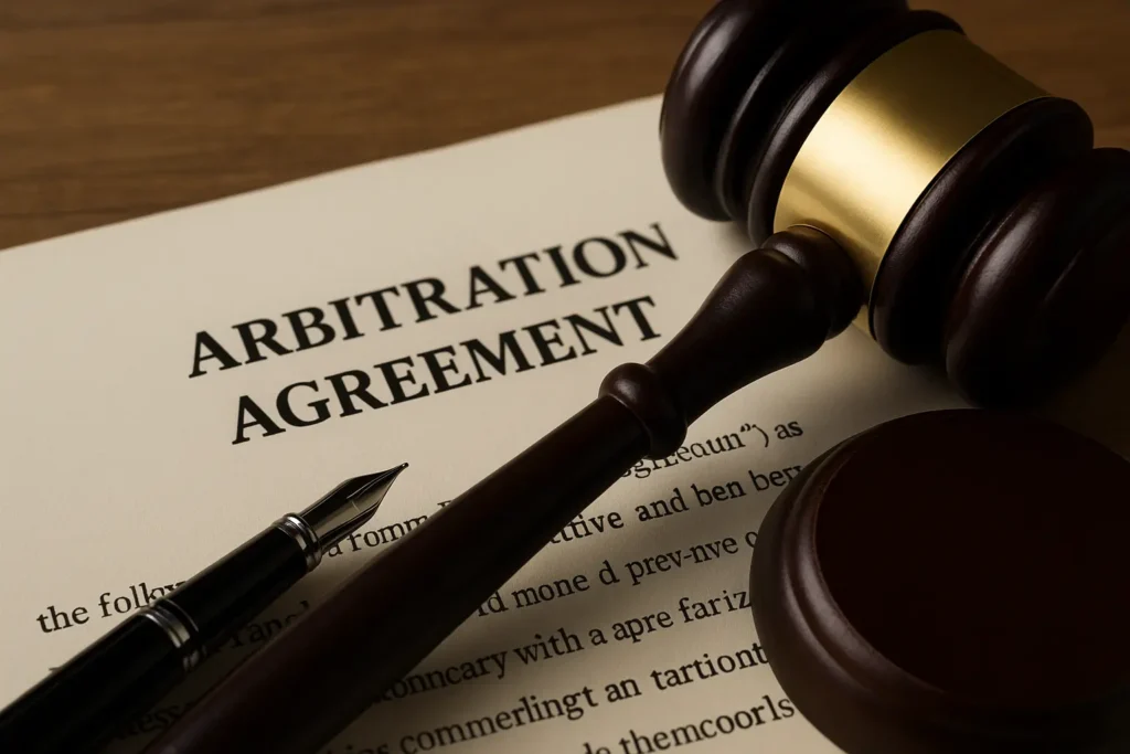 Professional legal translator reviewing arbitration agreement documents with reference materials and digital tools, representing expert arbitration agreement translation services by Alhamd Legal Translation