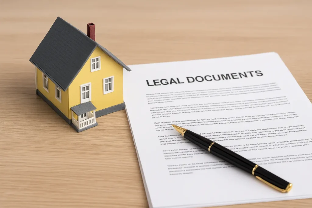 Legal translation for UAE real estate documents including MOAs, sales agreements, and title deeds, featuring property paperwork and housing model — professional certified translation services by Al-Hamd Legal Translation in Dubai