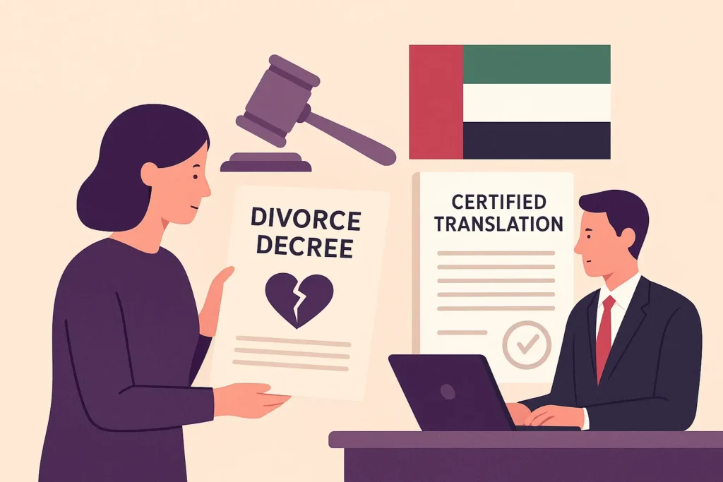Legal translation and legalization process of divorce decrees in the UAE, showing professional document translation services by Al-Hamd Legal Translation for expats and residents