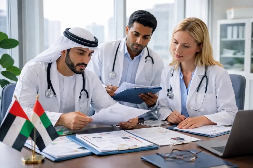 Healthcare professionals reviewing translated medical documents for UAE healthcare licensing and regulatory approvals, showcasing certified legal translation services in Dubai for doctors, clinics, and medical facilities