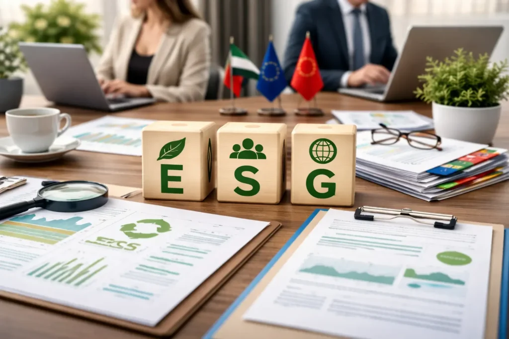 Professional ESG translation services in Dubai showcasing sustainability reports, corporate governance documents, environmental compliance paperwork, and multilingual ESG reporting solutions for global companies.